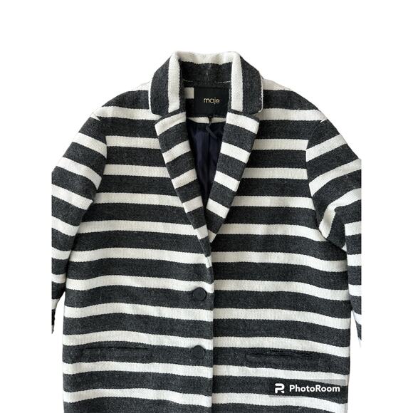 Maje Goelette Charcoal & Off White Striped Woven Coat size small - Picture 3 of 16